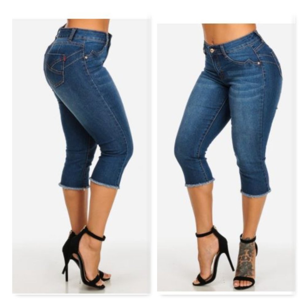 Blue Med Wash Orange Stitching Denim Capris